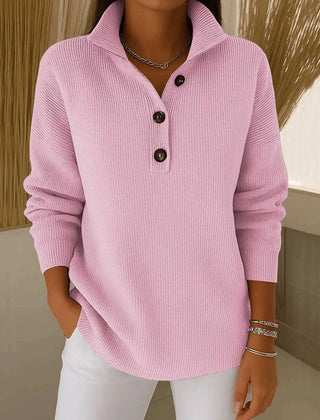 Pink V-neck polo jumper for women by THE WHITMORE FAMILY, featuring a cozy sweater design and a stylish fit.