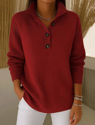 Red V-neck polo jumper for women by THE WHITMORE FAMILY, featuring a cozy sweater design with a classic fit.