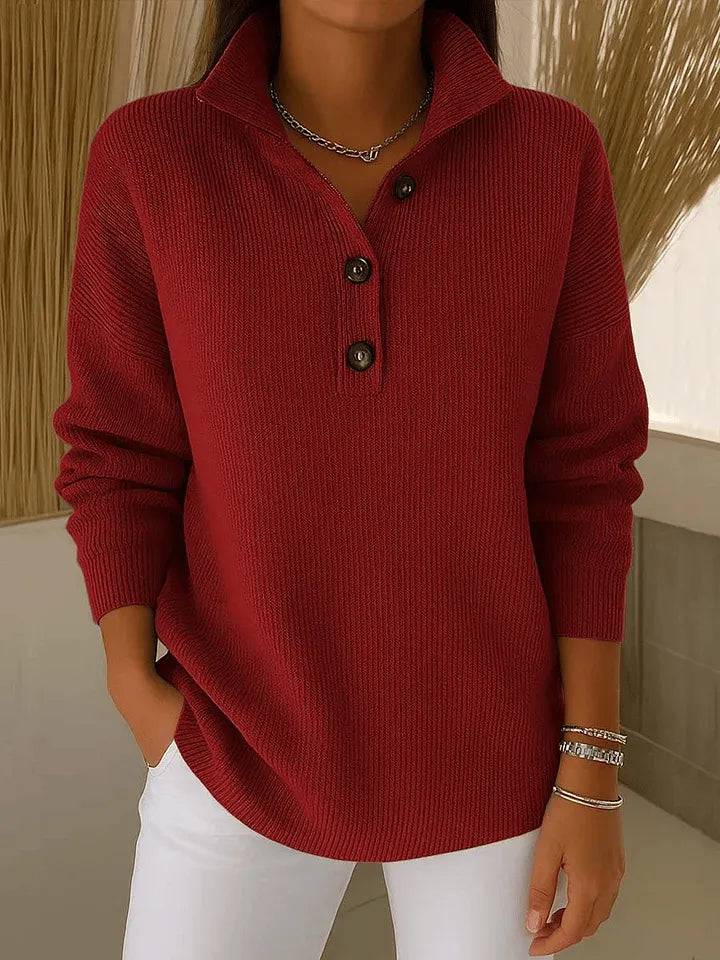 Red V-neck polo jumper for women by THE WHITMORE FAMILY, featuring a cozy sweater design with a classic fit.