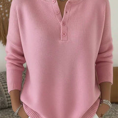 Pink Henley button-up knit jumper for women by THE WHITMORE FAMILY, featuring a cozy sweater design with a classic neckline.