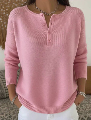 Pink Henley button-up knit jumper for women by THE WHITMORE FAMILY, featuring a cozy sweater design with a classic neckline.