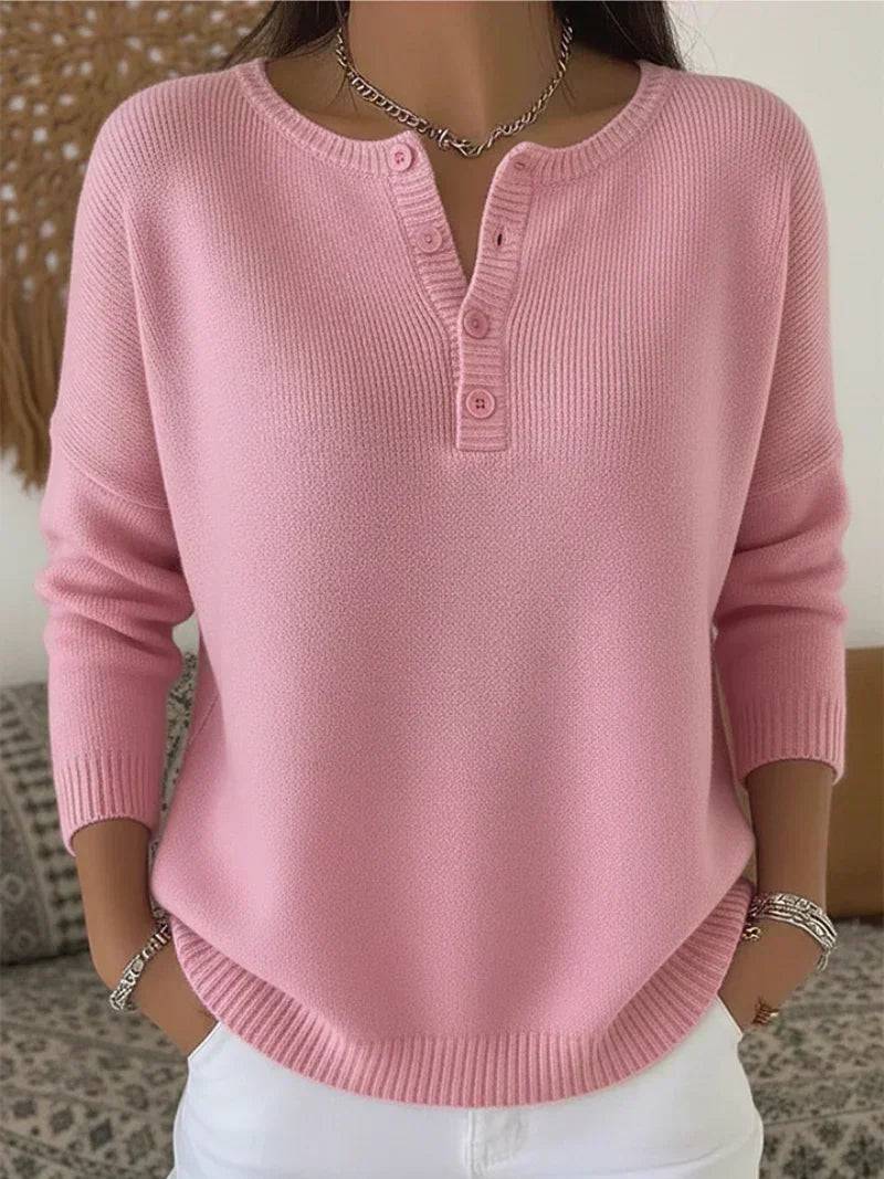 Pink Henley button-up knit jumper for women by THE WHITMORE FAMILY, featuring a cozy sweater design with a classic neckline.