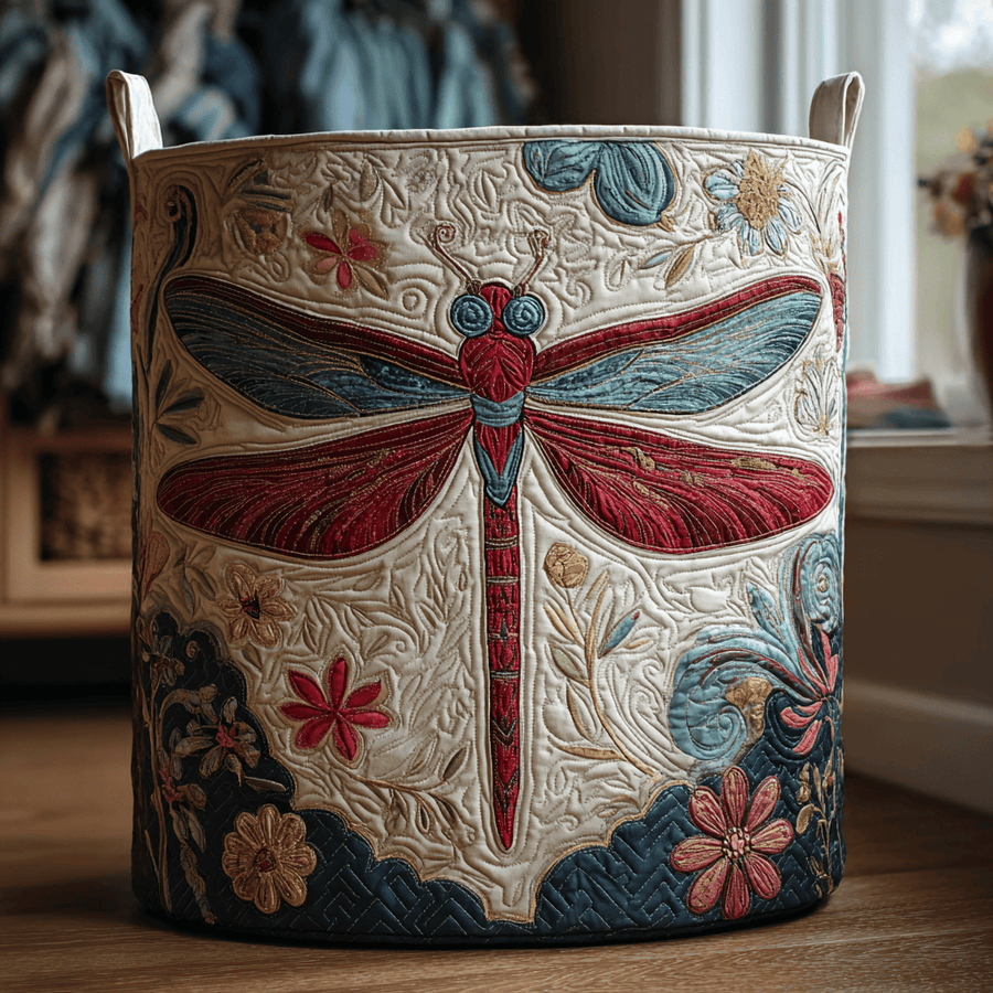 Pure Dragonfly quilted laundry basket by THE WHITMORE FAMILY, featuring a soft, woven fabric and spacious interior for laundry storage.