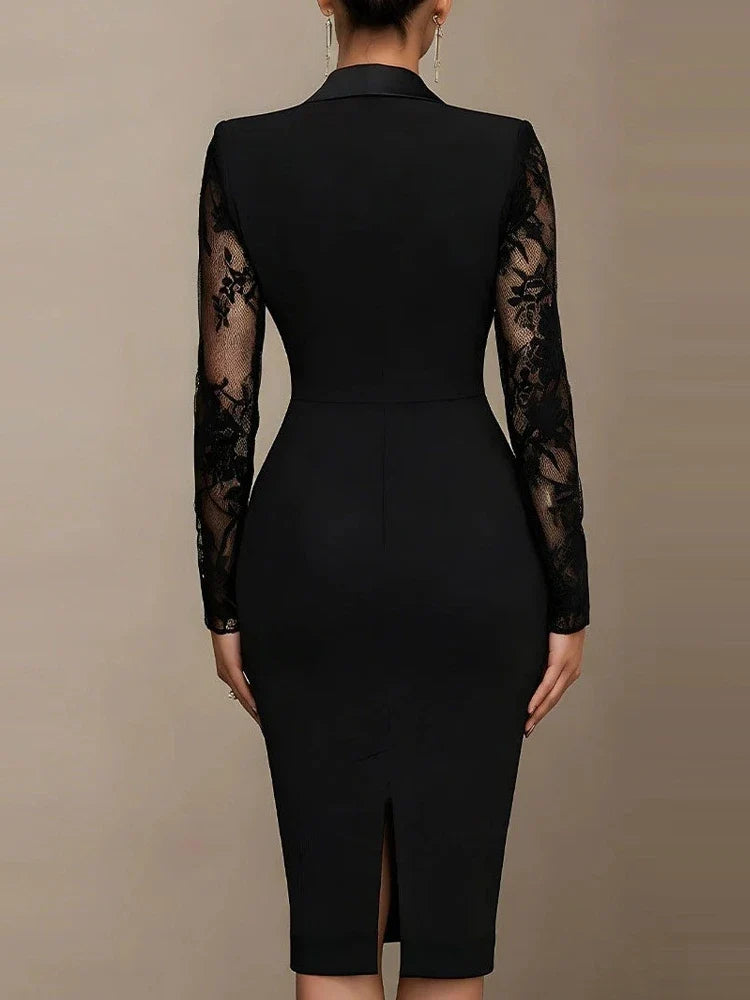 Seraphina | Black tuxedo midi dress with lace sleeves