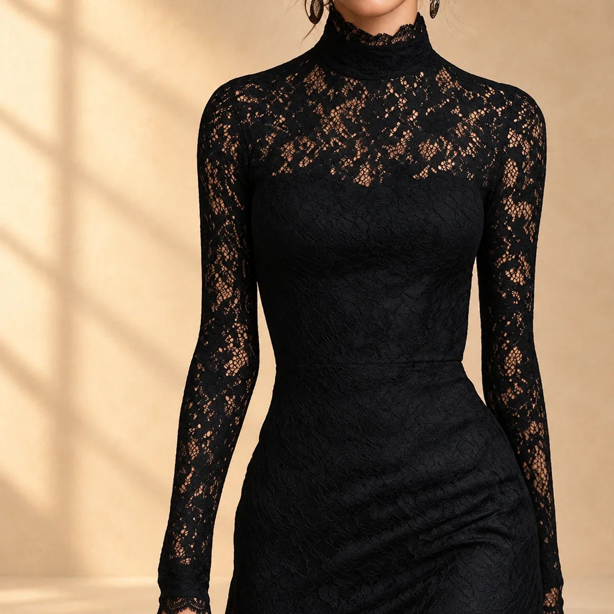 Arabella | Black lace evening dress with mock neck and long sleeves