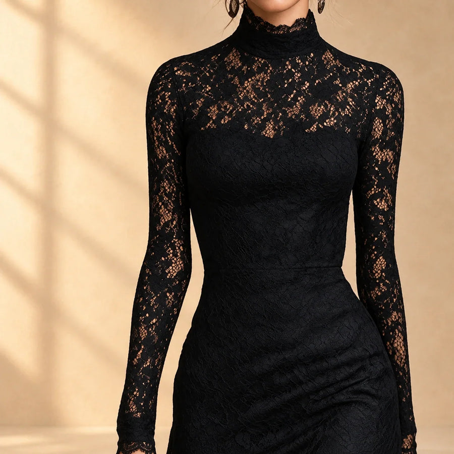 Arabella | Black lace evening dress with mock neck and long sleeves