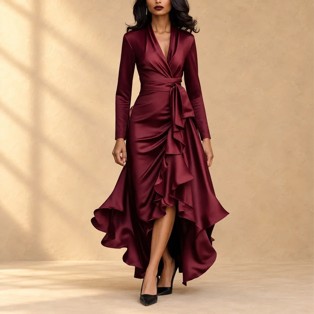 Charlotte | Satin wrap dress with cascading ruffles and long sleeves