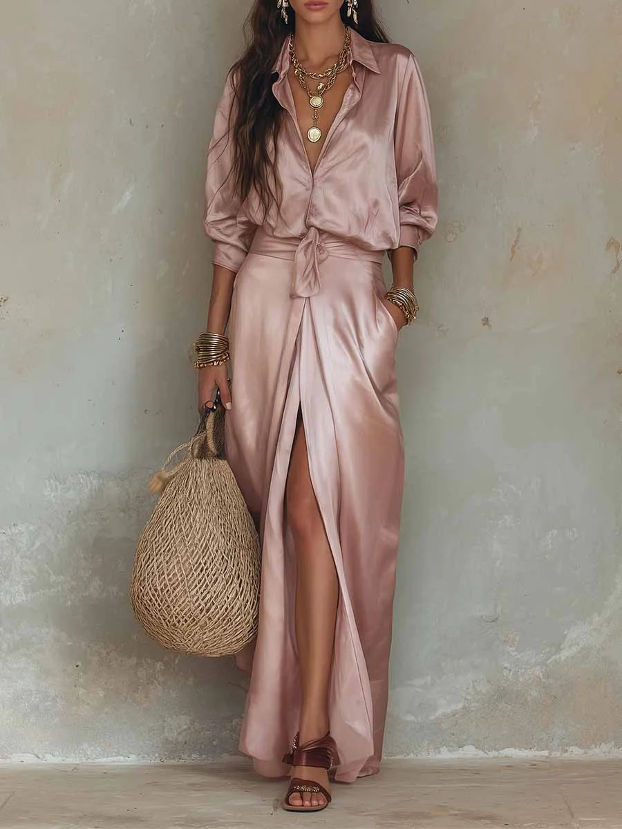 Rosalind | Two-piece satin set with button shirt and tie-waist maxi skirt