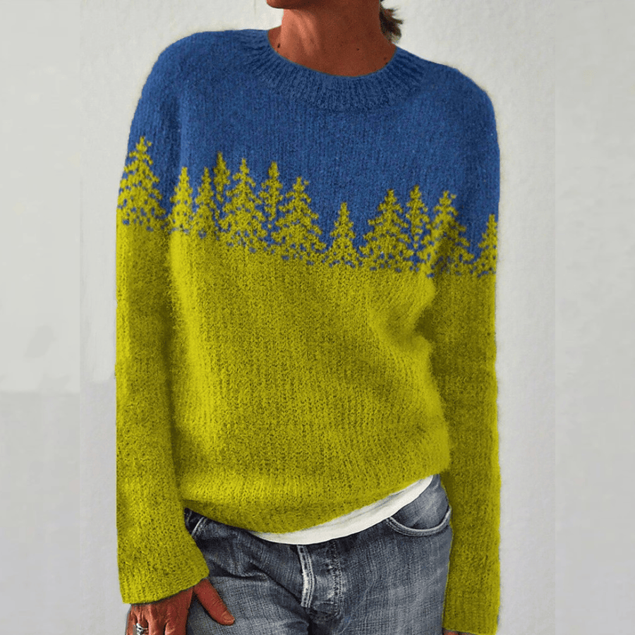 Scandinavian knitted sweater named Maria by THE WHITMORE FAMILY, featuring retro design with colorful tree patterns on soft fabric.