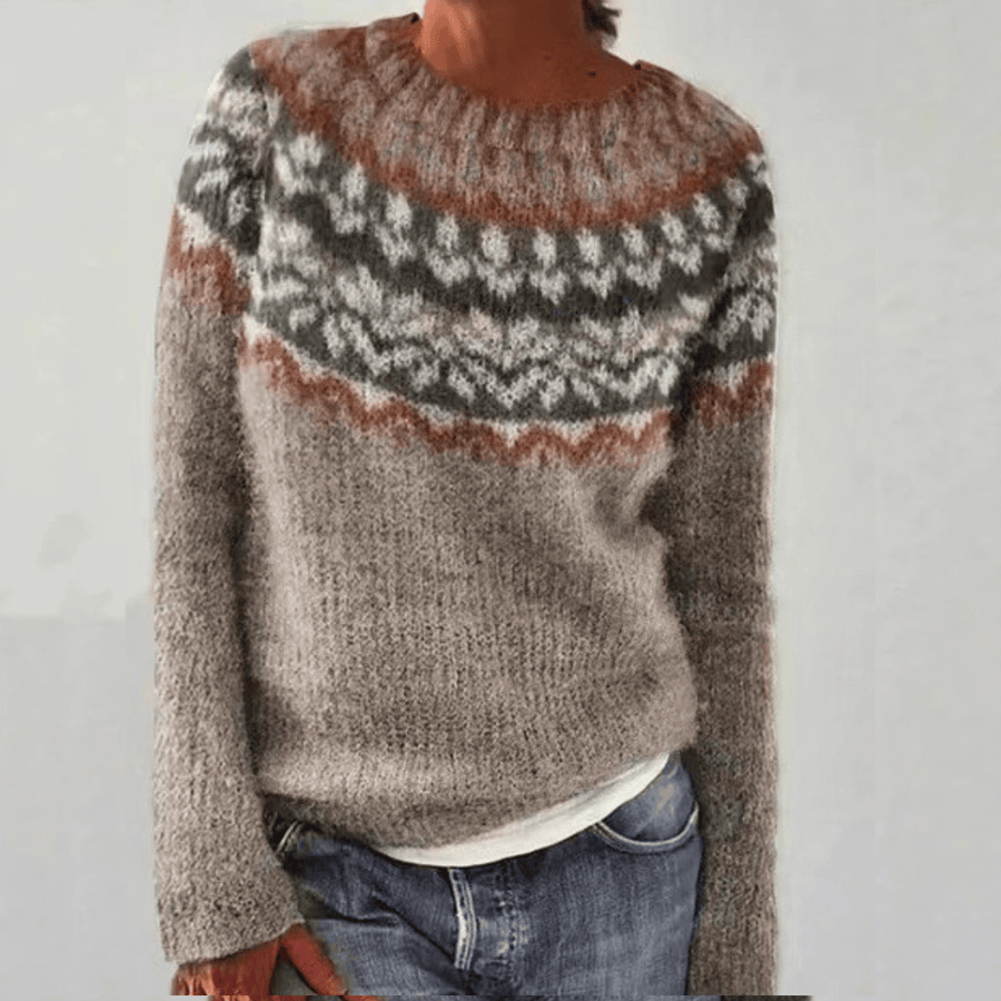 Debbie retro Scandinavian knitted sweater in light brown by THE WHITMORE FAMILY, featuring classic Nordic patterns and cozy knit texture.