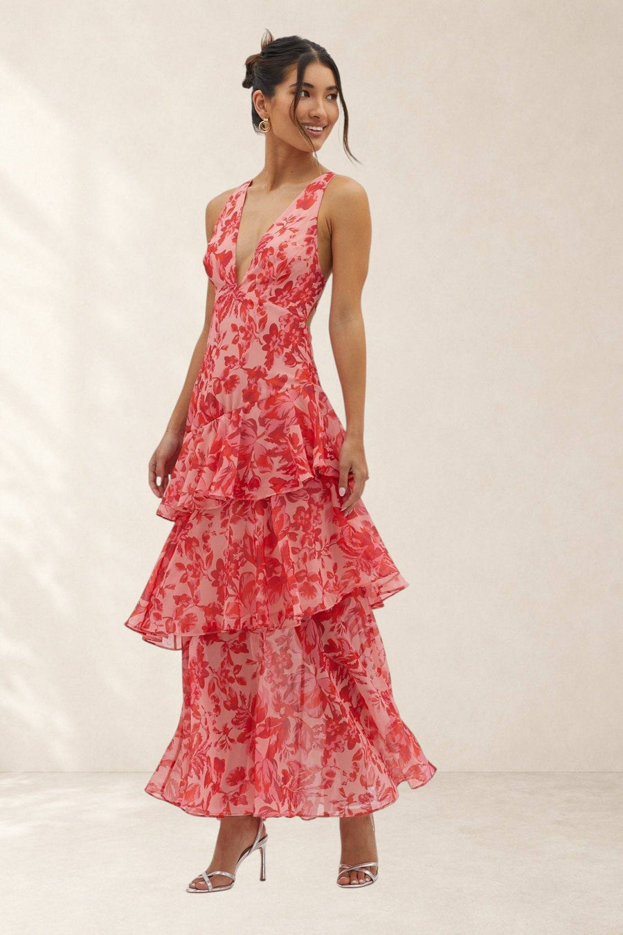 Red Taviana™ midi dress by THE WHITMORE FAMILY featuring a sophisticated, elegant design with a fitted waist and flowing skirt.