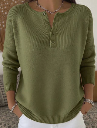 Women's Henley button-up knit sweater by THE WHITMORE FAMILY, featuring a cozy, stylish design with a front button placket.