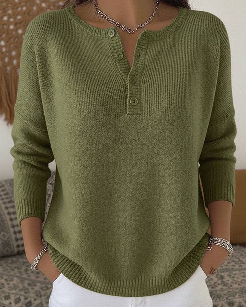 Helena™ Henley button-up knit sweater by THE WHITMORE FAMILY, featuring a cozy, ribbed design in a neutral color.
