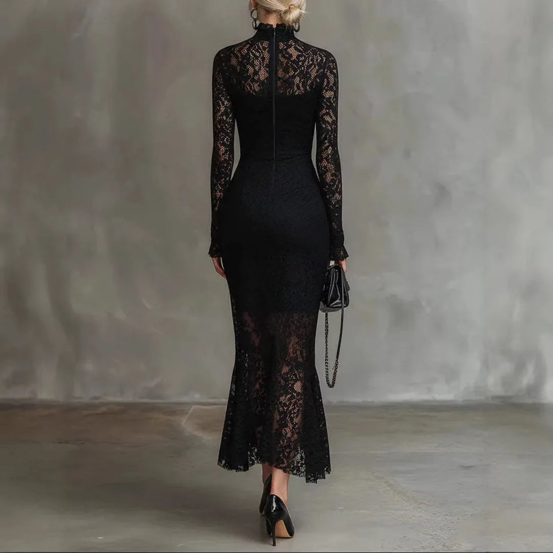 Arabella | Black lace evening dress with mock neck and long sleeves