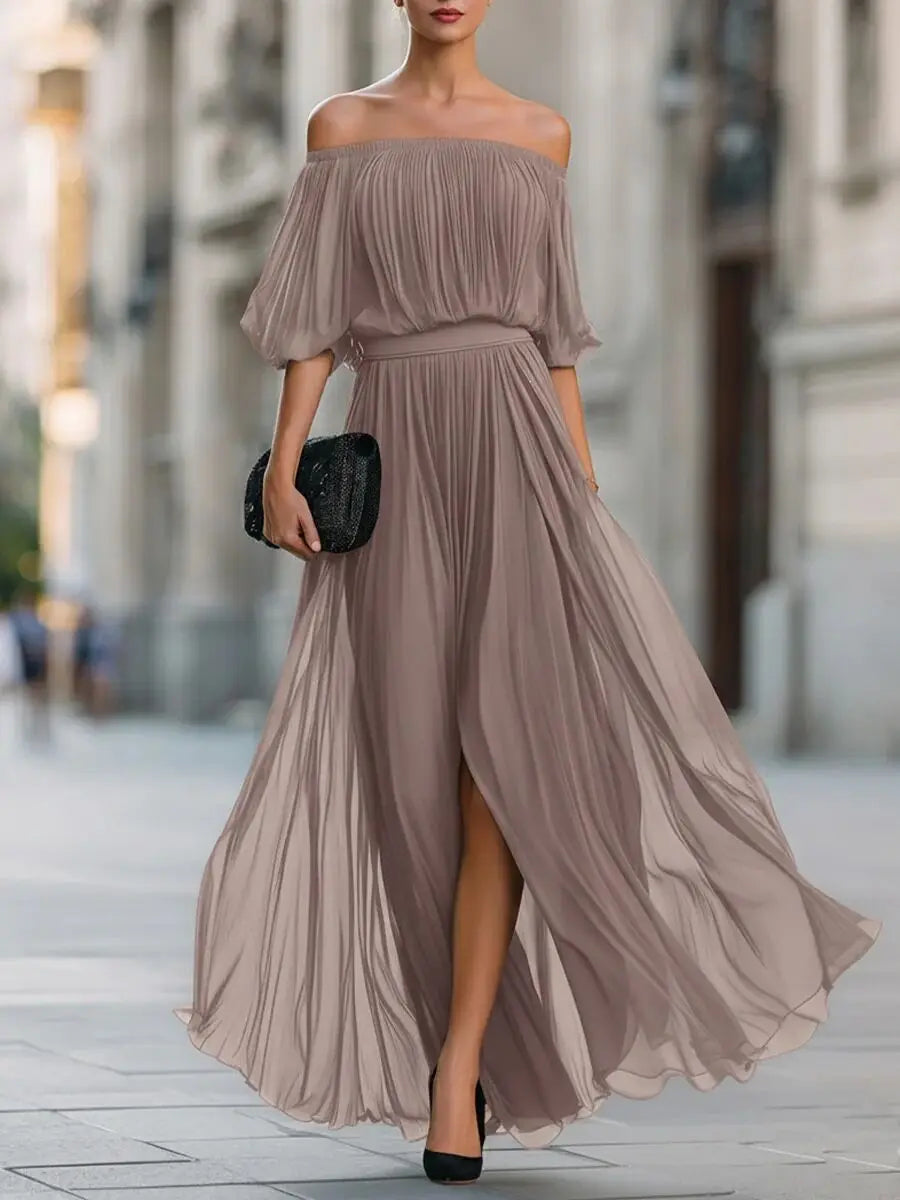 Genevieve | Off-shoulder chiffon maxi dress with flowing skirt