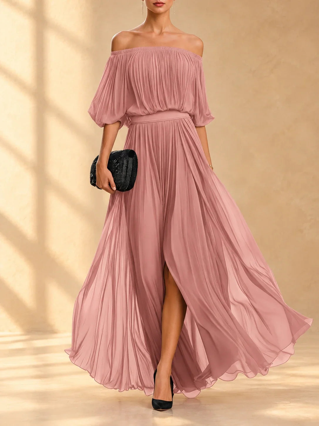 Genevieve | Off-shoulder chiffon maxi dress with flowing skirt