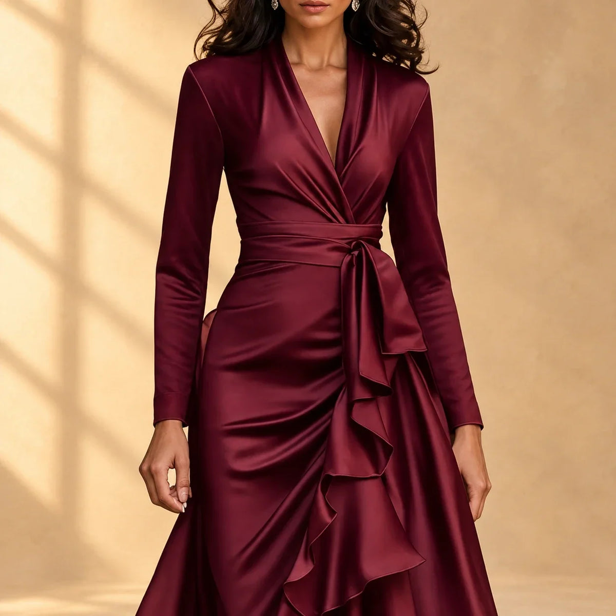 Charlotte | Satin wrap dress with cascading ruffles and long sleeves
