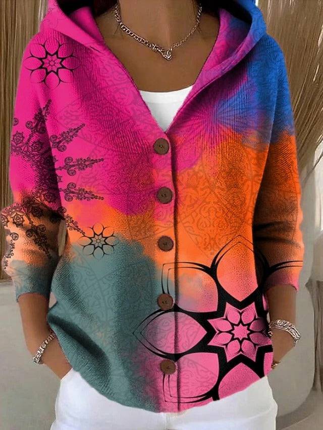 Sophia wearing the Patchouli™ Artistic Cardigan by THE WHITMORE FAMILY, a warm long women's cardigan with a stylish design.