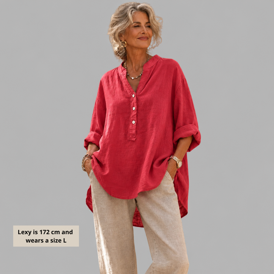 Veronique™ elegant cotton-linen V-neck blouse by THE WHITMORE FAMILY, shown in a stylish, light-colored fabric.
