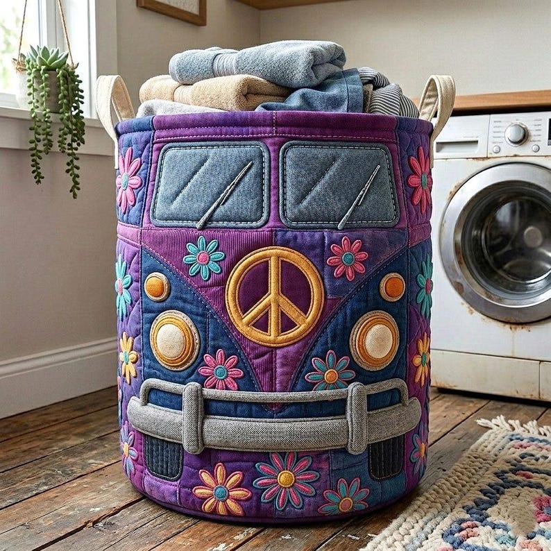 Colorful Hippie Bus Quilted Laundry Basket
