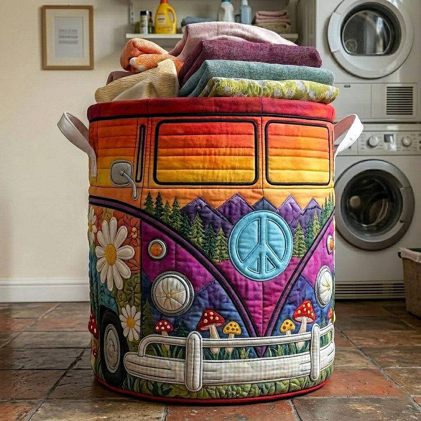 Colorful hippie bus quilted laundry basket by THE WHITMORE FAMILY with vibrant patchwork design and sturdy handles.
