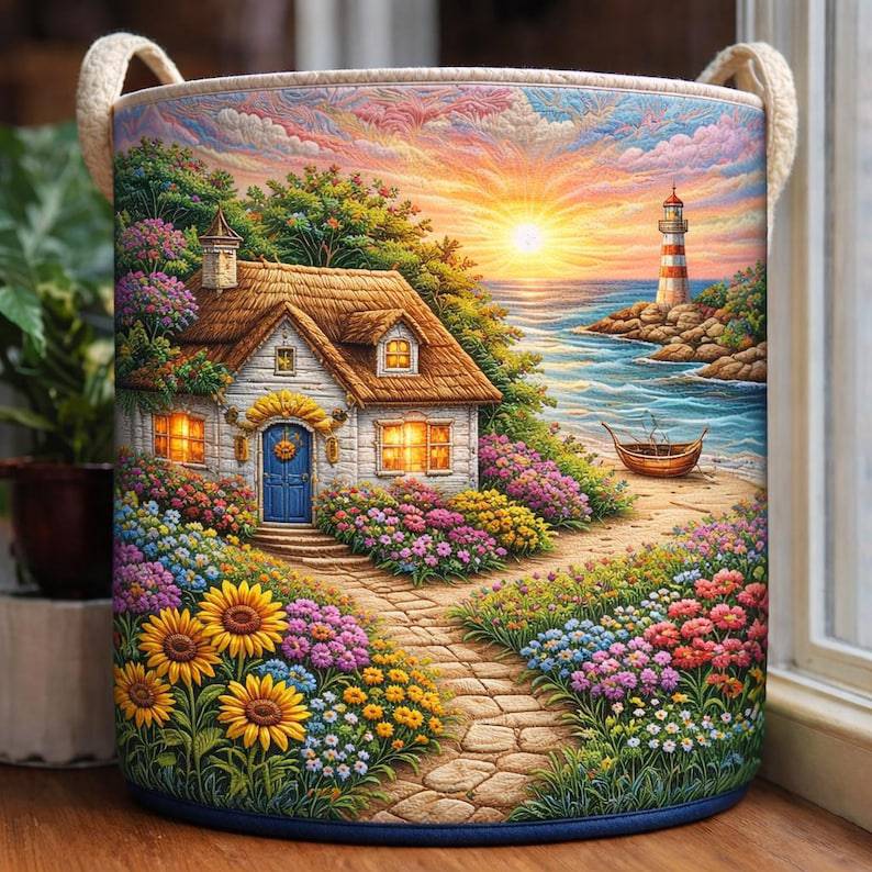 Quilted laundry basket with cottage and lighthouse scene by THE WHITMORE FAMILY, featuring a charming coastal design and soft fabric.