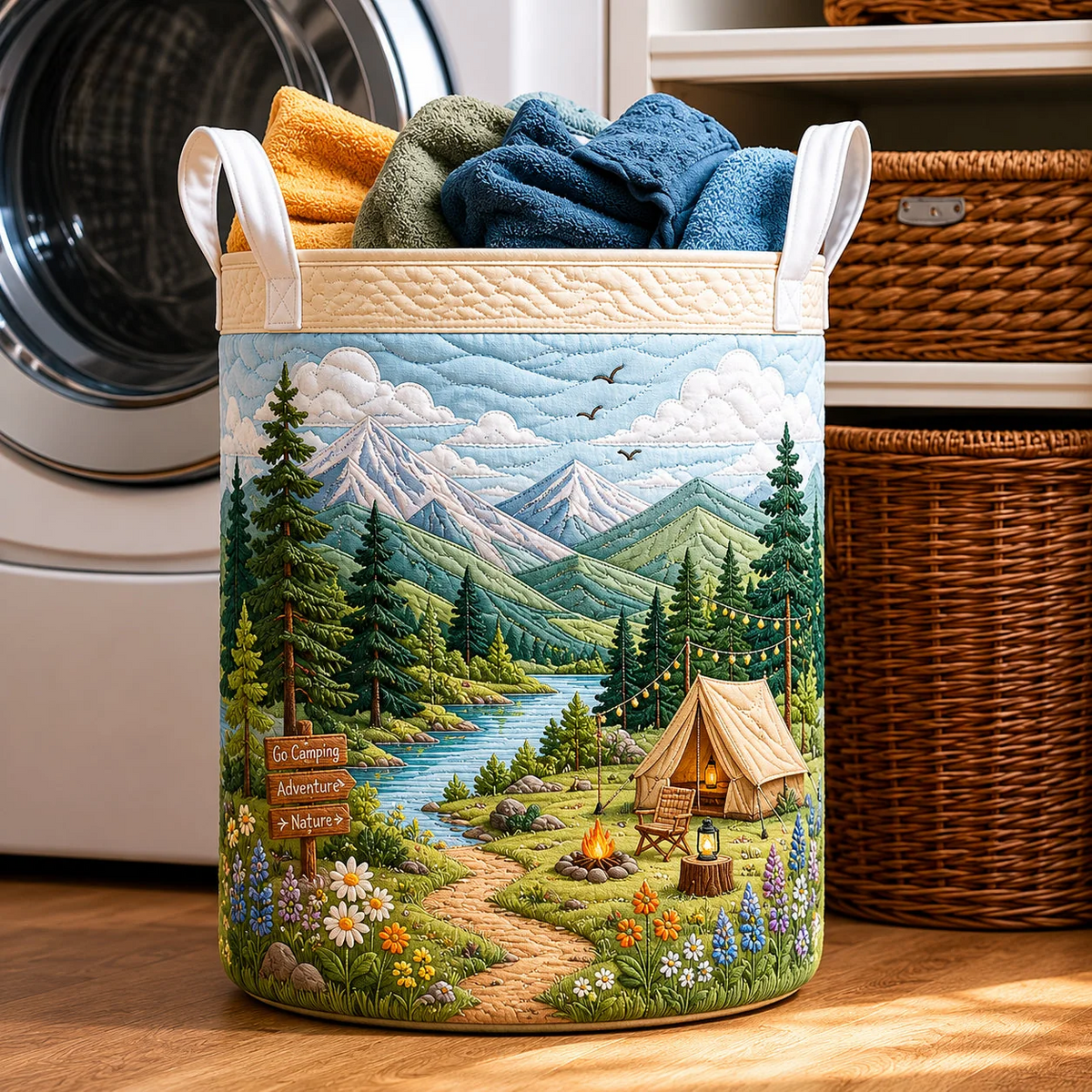 Mountain Camping Adventure Nature Quilted Laundry Basket