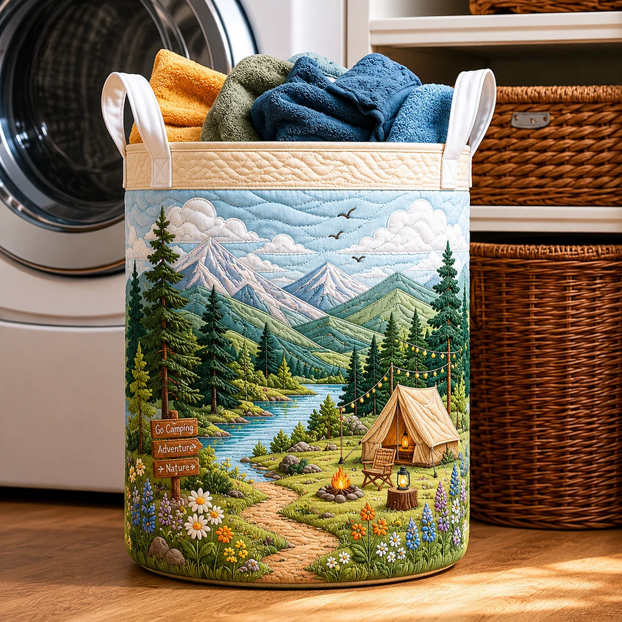 Mountain Camping Adventure Nature Quilted Laundry Basket