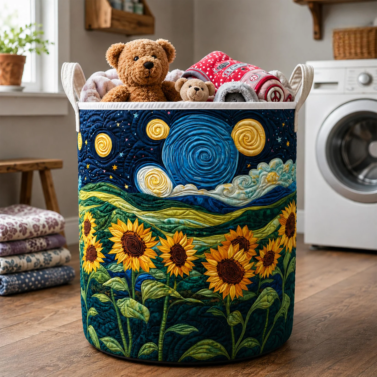 Starry Night Sunflower Quilted Laundry Basket