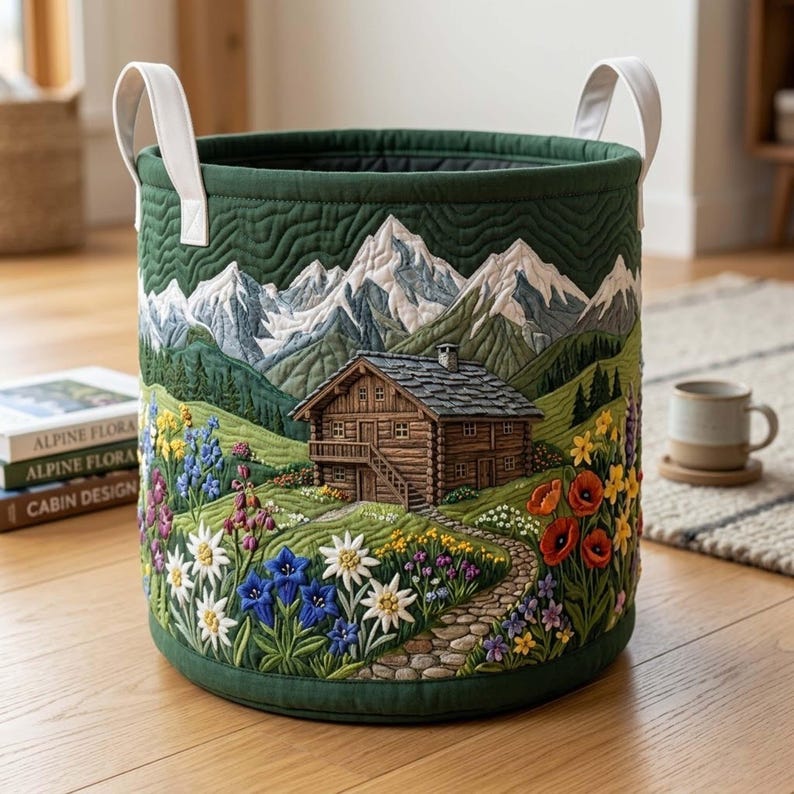 Mountain Cabin Flower Quilted Laundry Basket