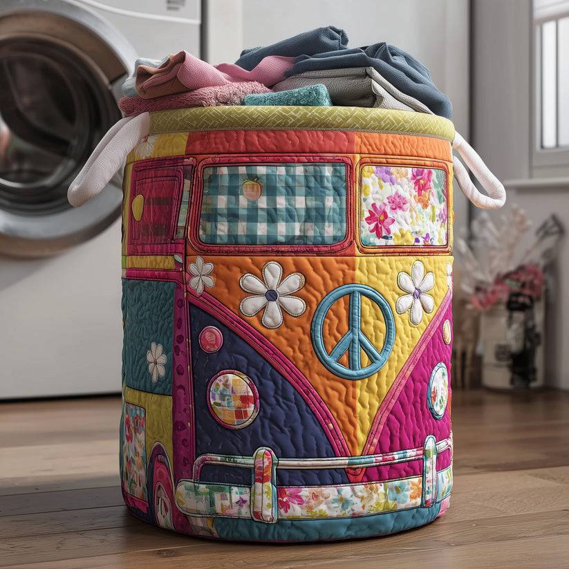 Colorful hippie bus quilted laundry basket by THE WHITMORE FAMILY with vibrant patchwork design and sturdy fabric.