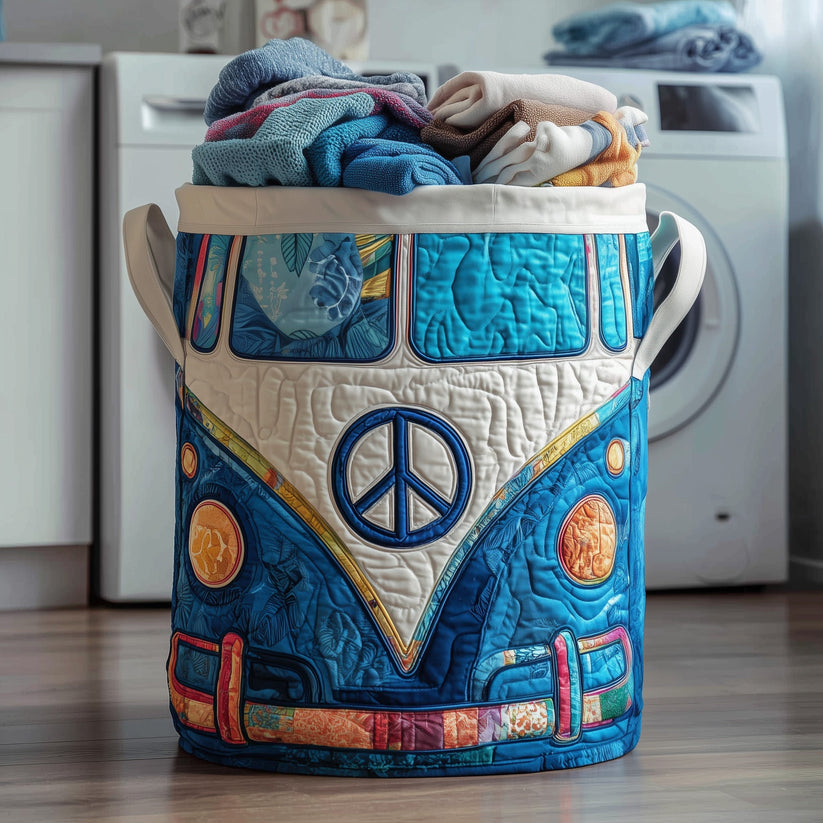 Colorful Hippie Bus Quilted Laundry Basket