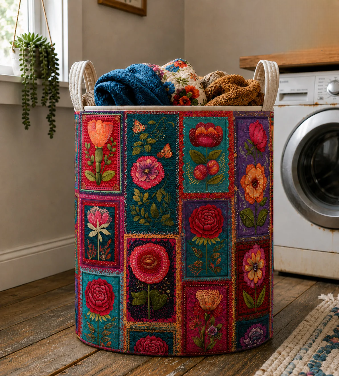 Colorful Floral Patchwork Quilted Laundry Basket