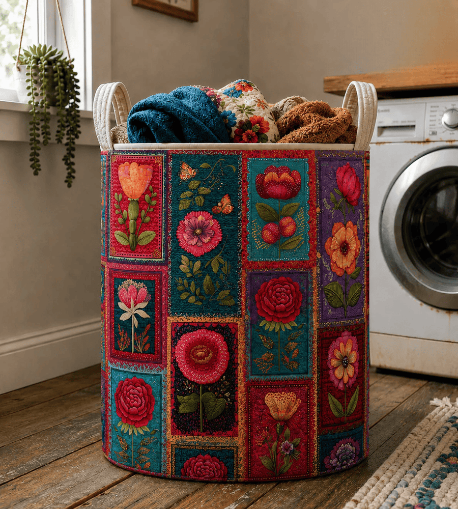Colorful floral patchwork quilted laundry basket by THE WHITMORE FAMILY with soft fabric and sturdy handles.