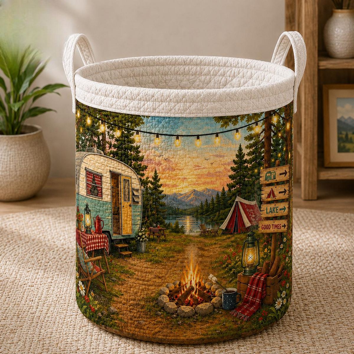 Lake Camping Adventure Quilted Laundry Basket