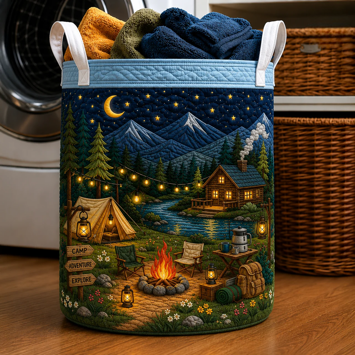 Night Camping Adventure Cabin Quilted Laundry Basket