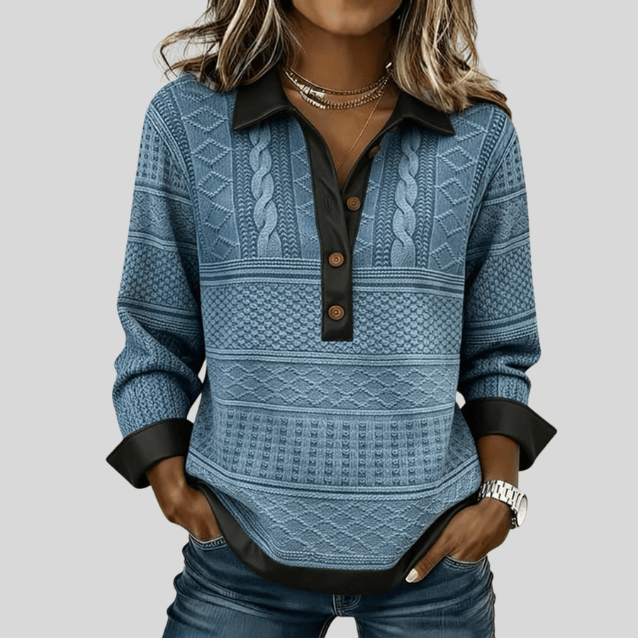 Josselyn™ button-down collared sweatshirt by THE WHITMORE FAMILY, featuring a soft fabric, classic collar, and button details.