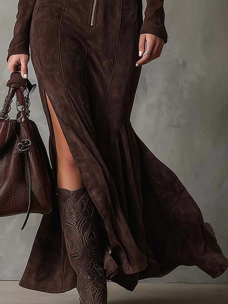 Marsella - Brown Long Dress with Belt
