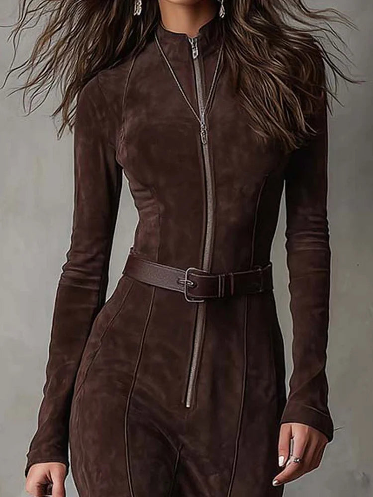 Marsella - Brown Long Dress with Belt