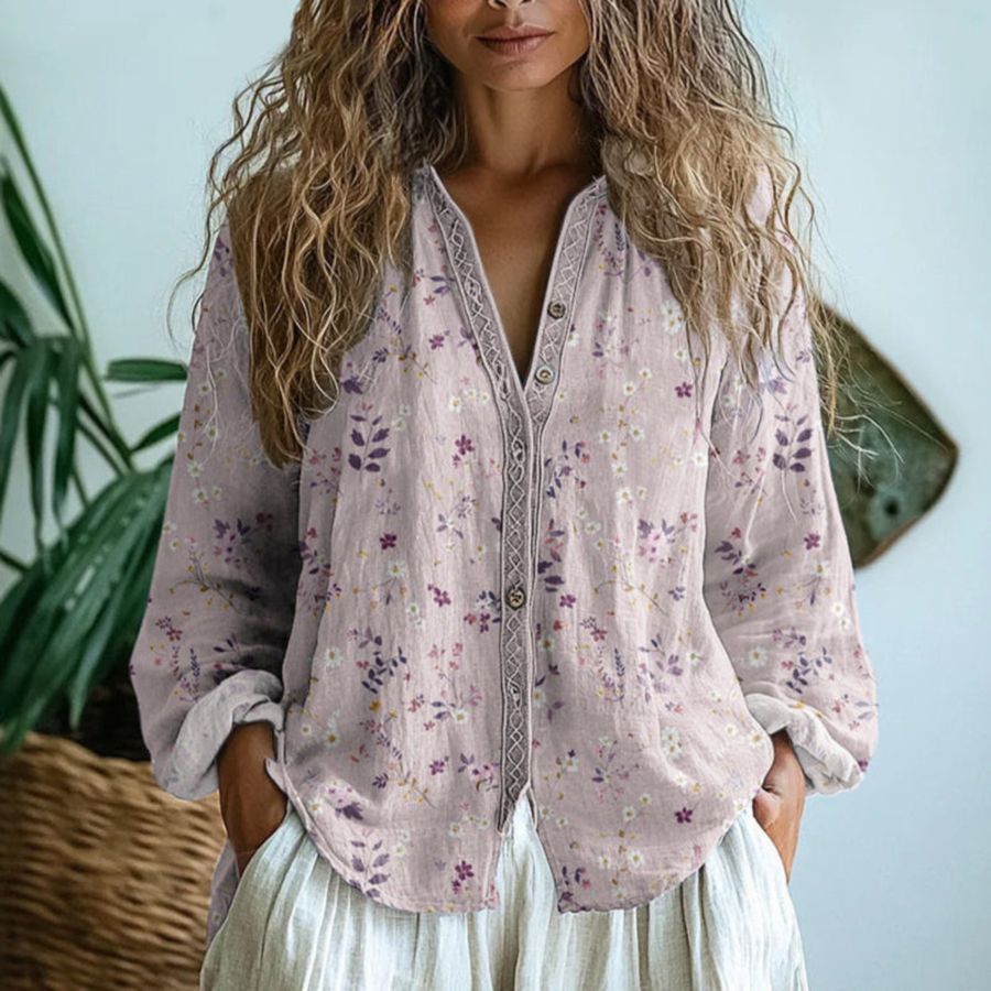 Women's long sleeve linen button-down blouse by THE WHITMORE FAMILY, featuring a classic collar and relaxed fit.