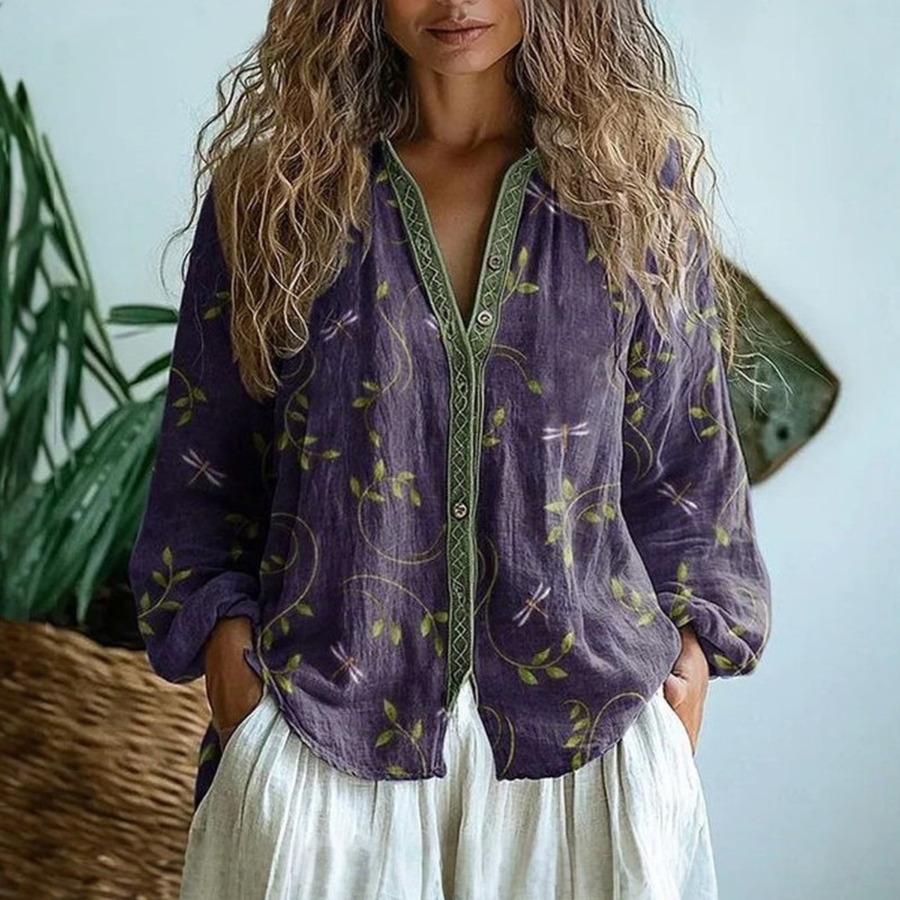 Wena women's long sleeve linen button-down blouse by THE WHITMORE FAMILY, shown in a relaxed fit with a collar and front buttons.