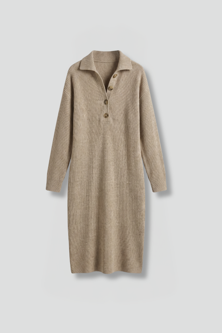 Women’s Knit Sweater Dress with Ribbed Texture and Button Placket