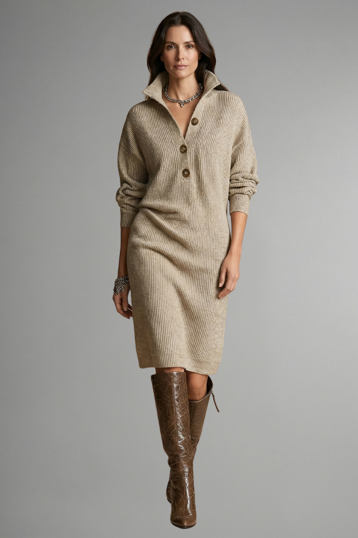 Women’s Knit Sweater Dress with Ribbed Texture and Button Placket