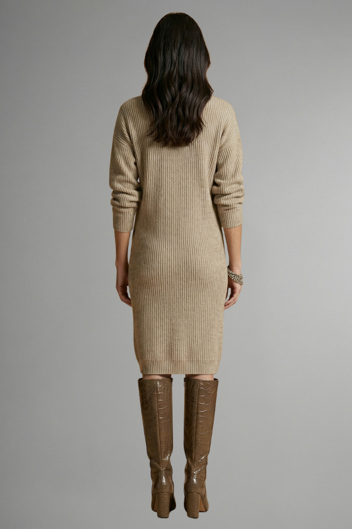 Women’s Knit Sweater Dress with Ribbed Texture and Button Placket