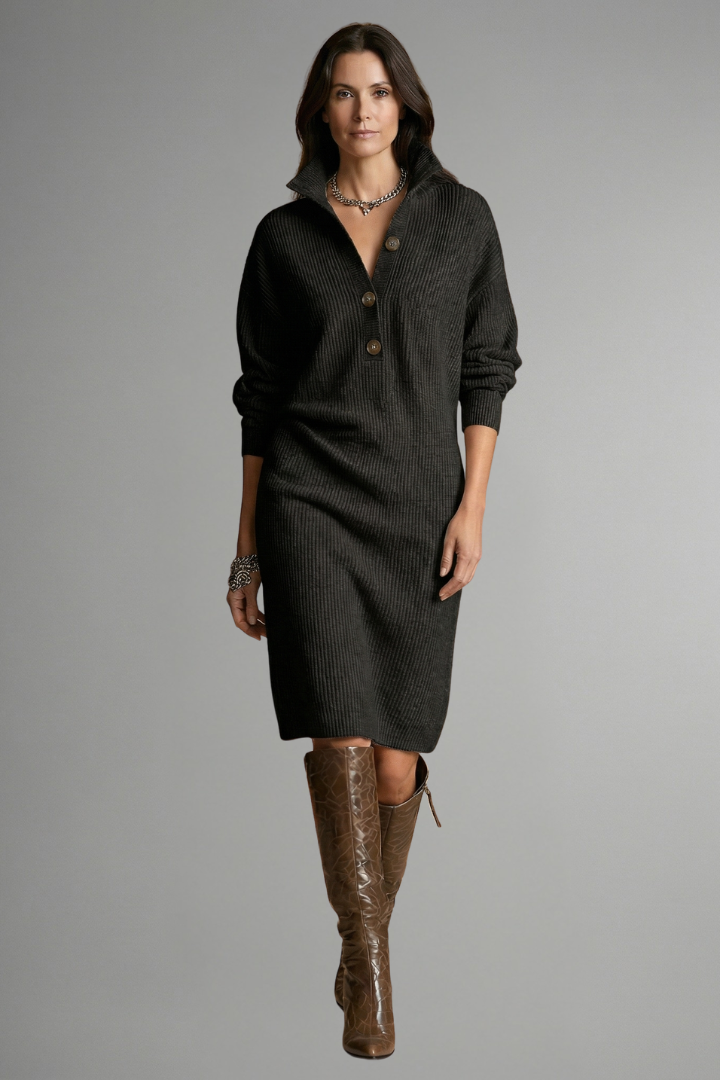 Women’s Knit Sweater Dress with Ribbed Texture and Button Placket
