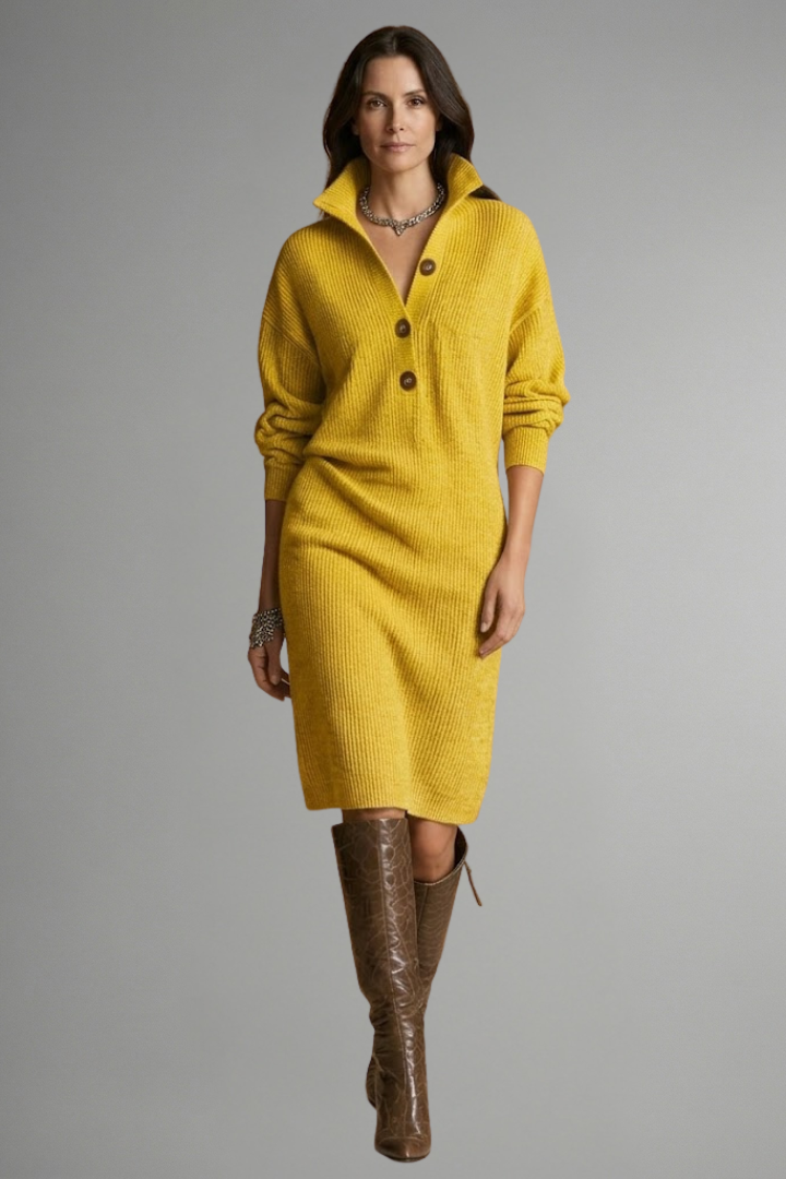 Women’s Knit Sweater Dress with Ribbed Texture and Button Placket
