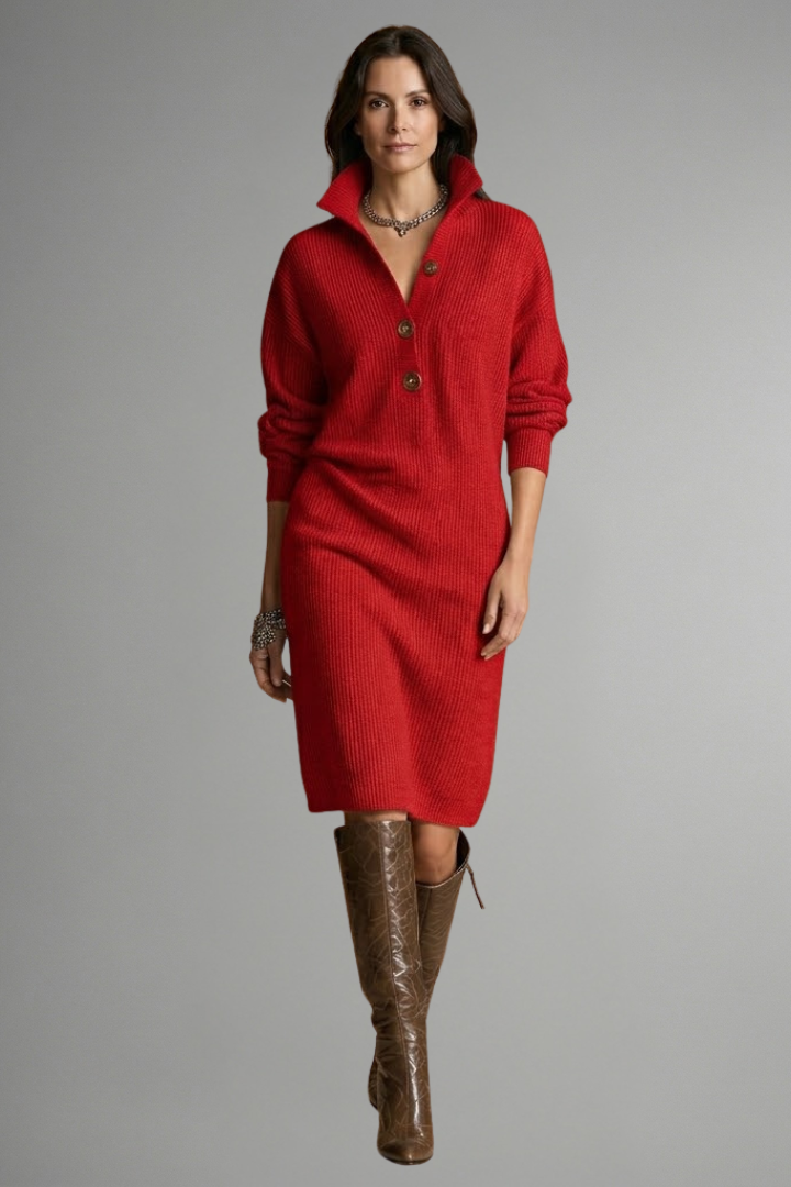 Women’s Knit Sweater Dress with Ribbed Texture and Button Placket