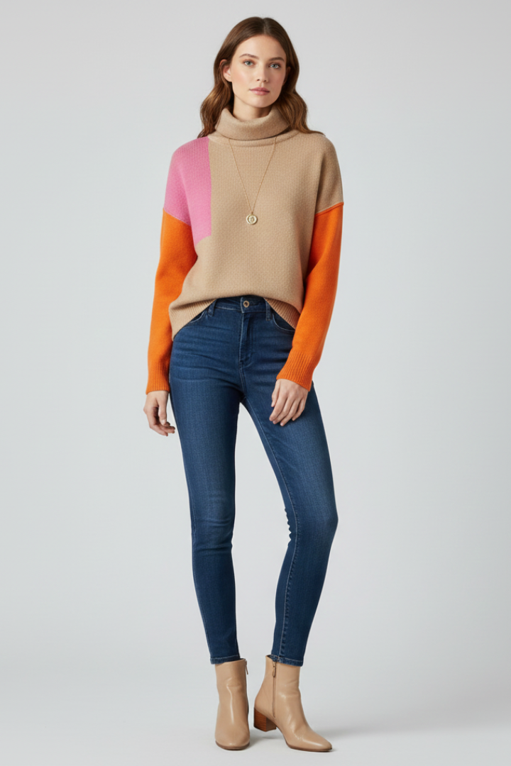 Women’s Knit Sweater with High Collar and Ribbed Cuffs