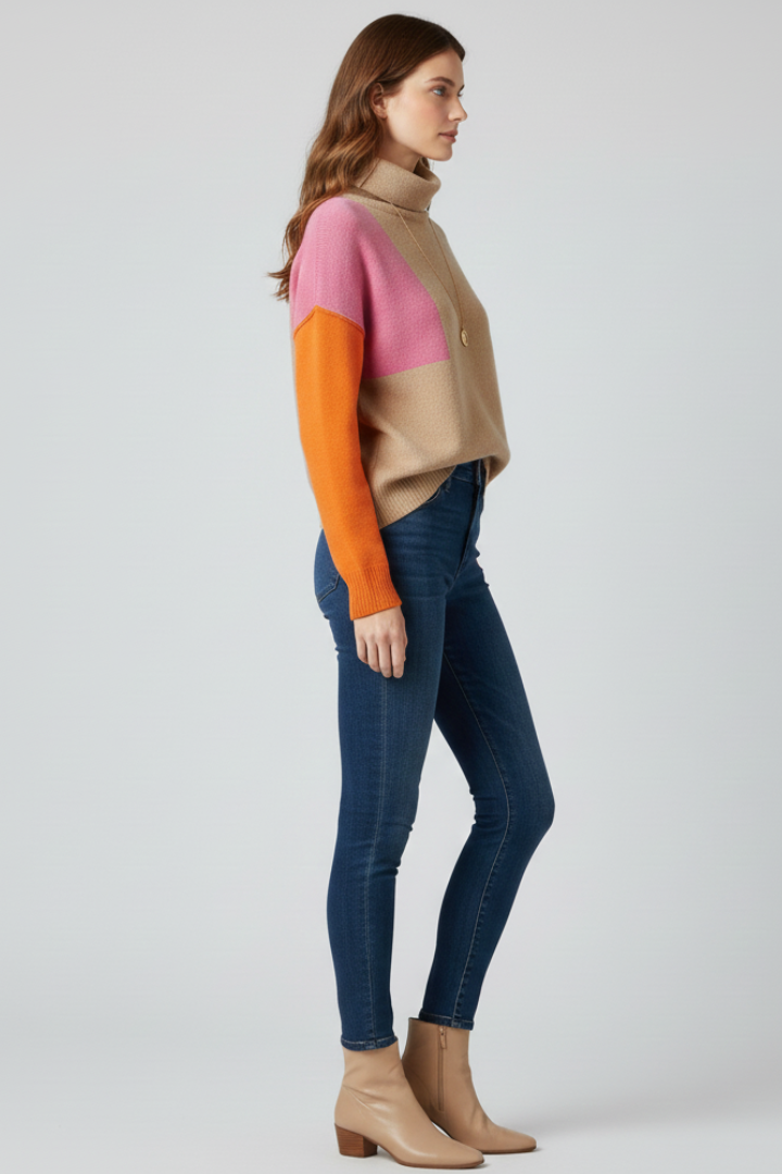 Women’s Knit Sweater with High Collar and Ribbed Cuffs