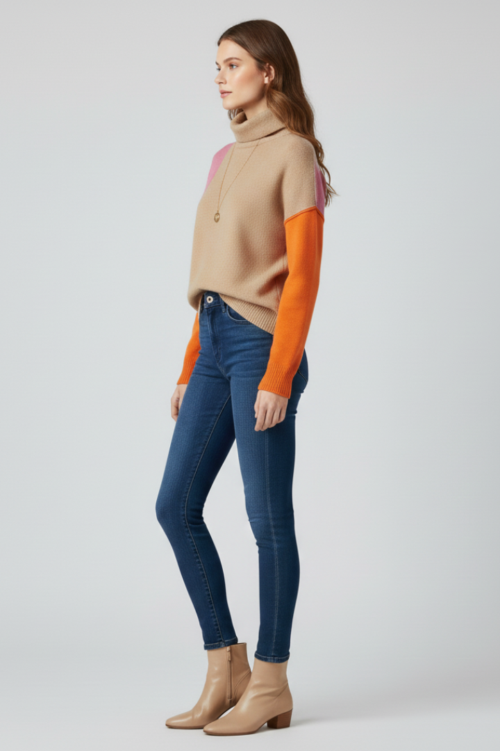 Women’s Knit Sweater with High Collar and Ribbed Cuffs
